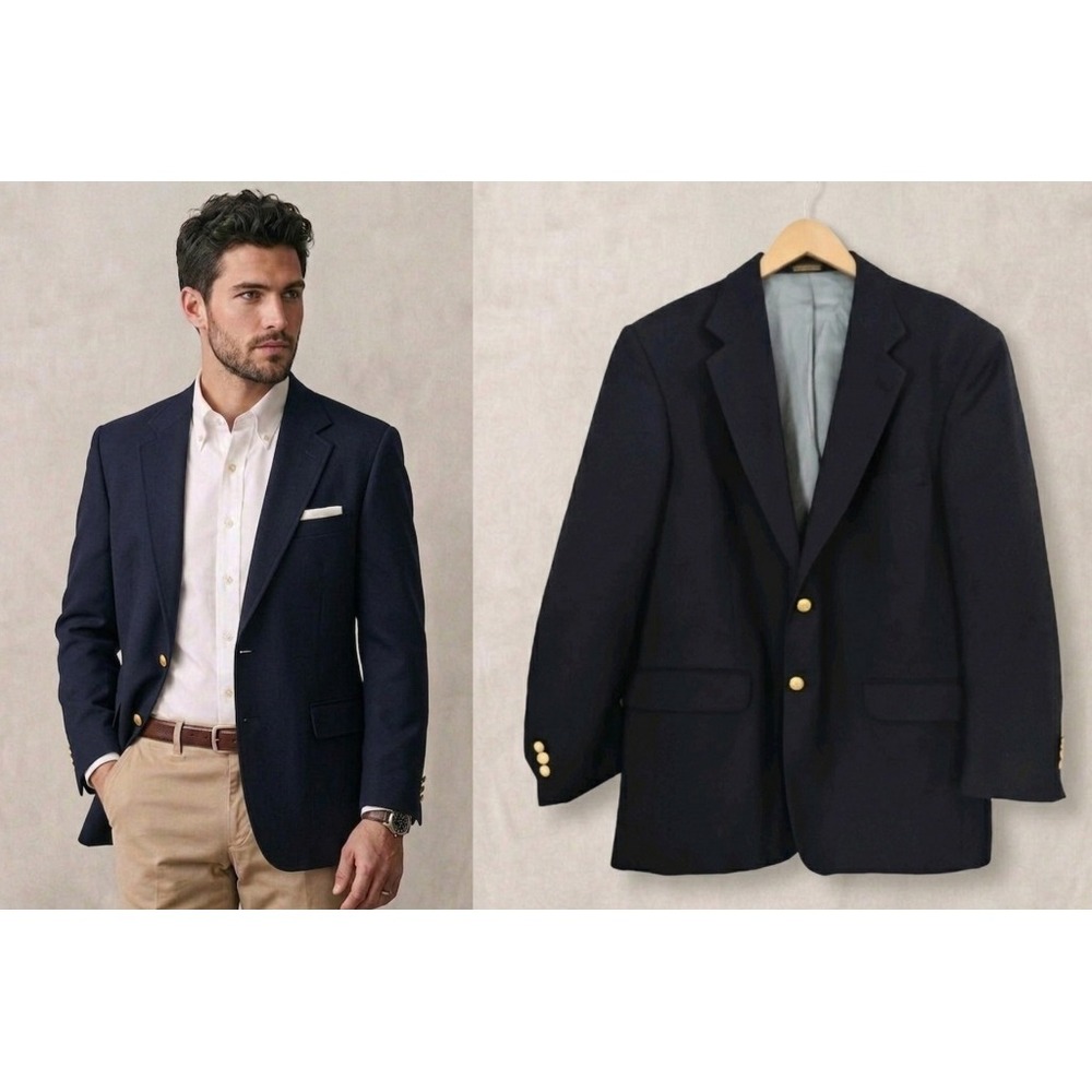 Stafford Blazer Mens 42R Navy Blue Gold Button Wool Blend Sport Coat JC Penny